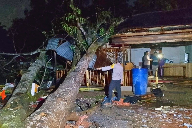 Polisi dan Damkar Evakuasi Pohon Tumbang yang Timpa Warung Kopi di Kubu Raya