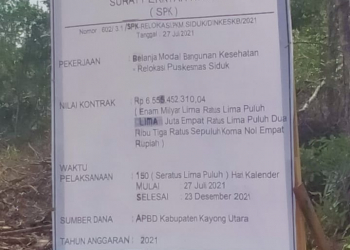 Keterangan foto: Plang proyek relokasi Puskesmas Siduk. (Kamiriluddin)