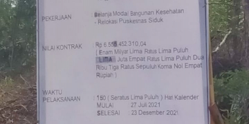 Keterangan foto: Plang proyek relokasi Puskesmas Siduk. (Kamiriluddin)