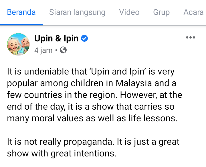 Akun resmi Facebook Upin & Ipin, pada Senin (13/09/2021)