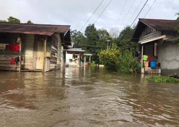 Dusun Buluh Empirit, Desa Binjai, Kecamatan Tayan Hulu, Sanggau dilanda banjr, Minggu (13/2/2022). Foto: Ist