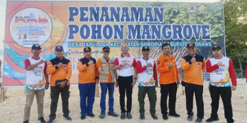 Foto--Plt. Kepala BPBD Sanggau, Budi Darmawan (lima dari kiri) ikut menanam mangrove pada kegiatan Bulan Pengurangan Risiko Bencana di Kendari, Sulawesi Tenggara , 10=15 Oktober 2023---ist