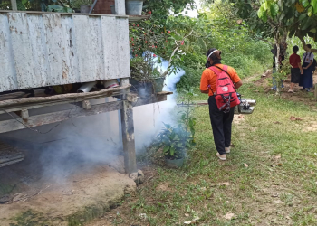 Foto---Para petugas dari BPBD Kabupaten Sanggau melakukan fogging di daerah Sungai Ranas, Kecamatan Kapuas, Senin (20/11/2023)—ist